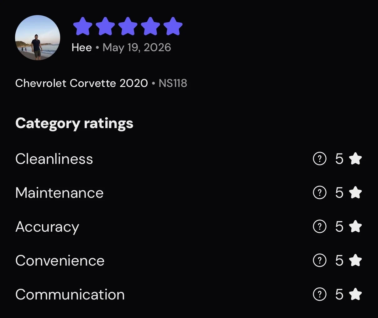 Five-star Turo review from Hee, May 2026, Corvette C8
