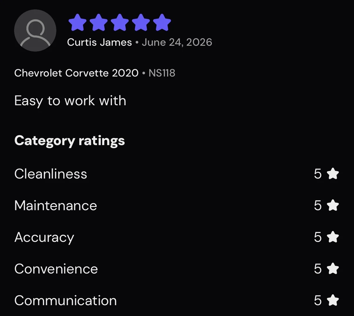 Five-star Turo review from Curtis James, June 2026, Corvette C8