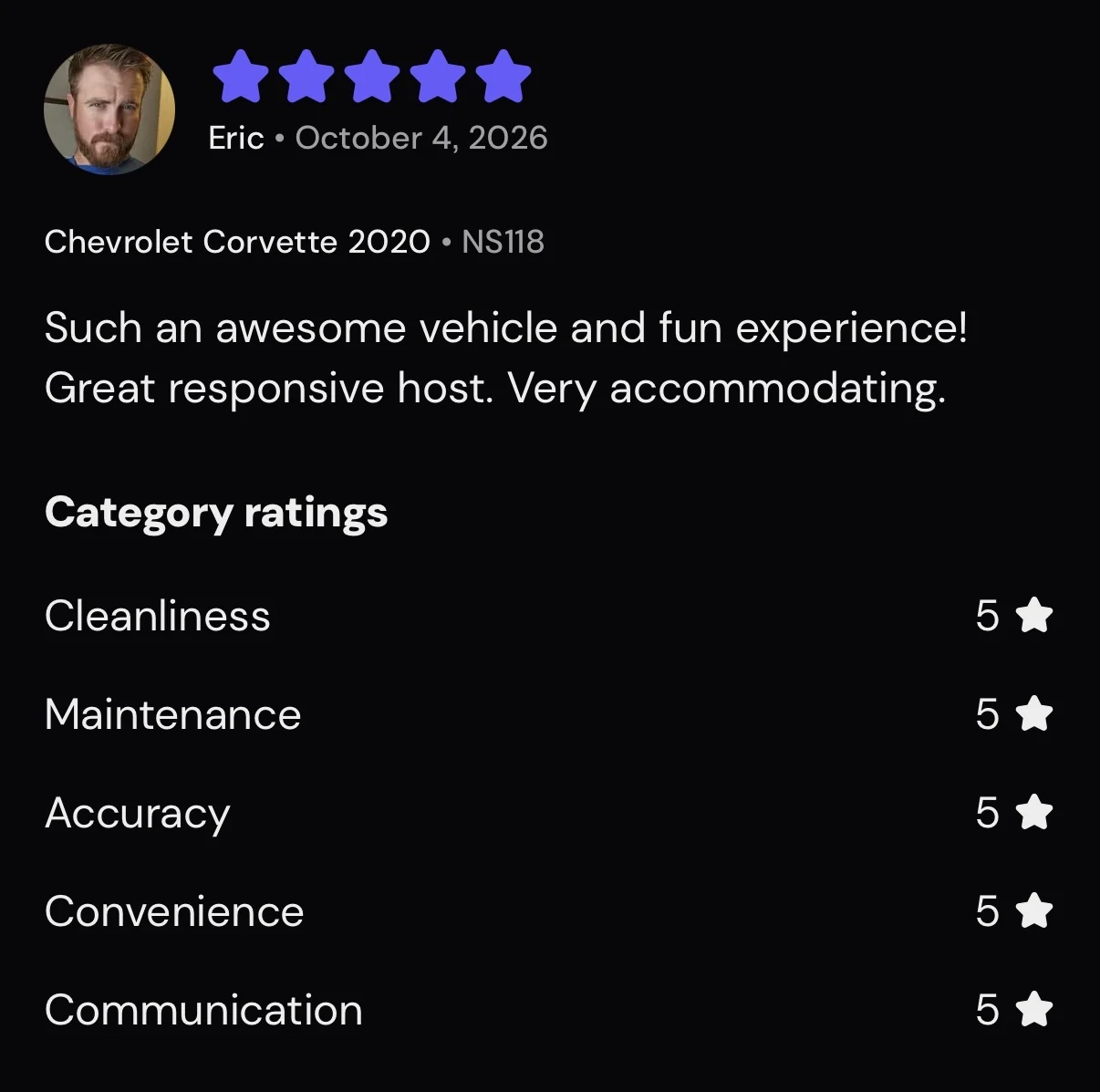 Five-star Turo review from Eric, October 2026, Corvette C8