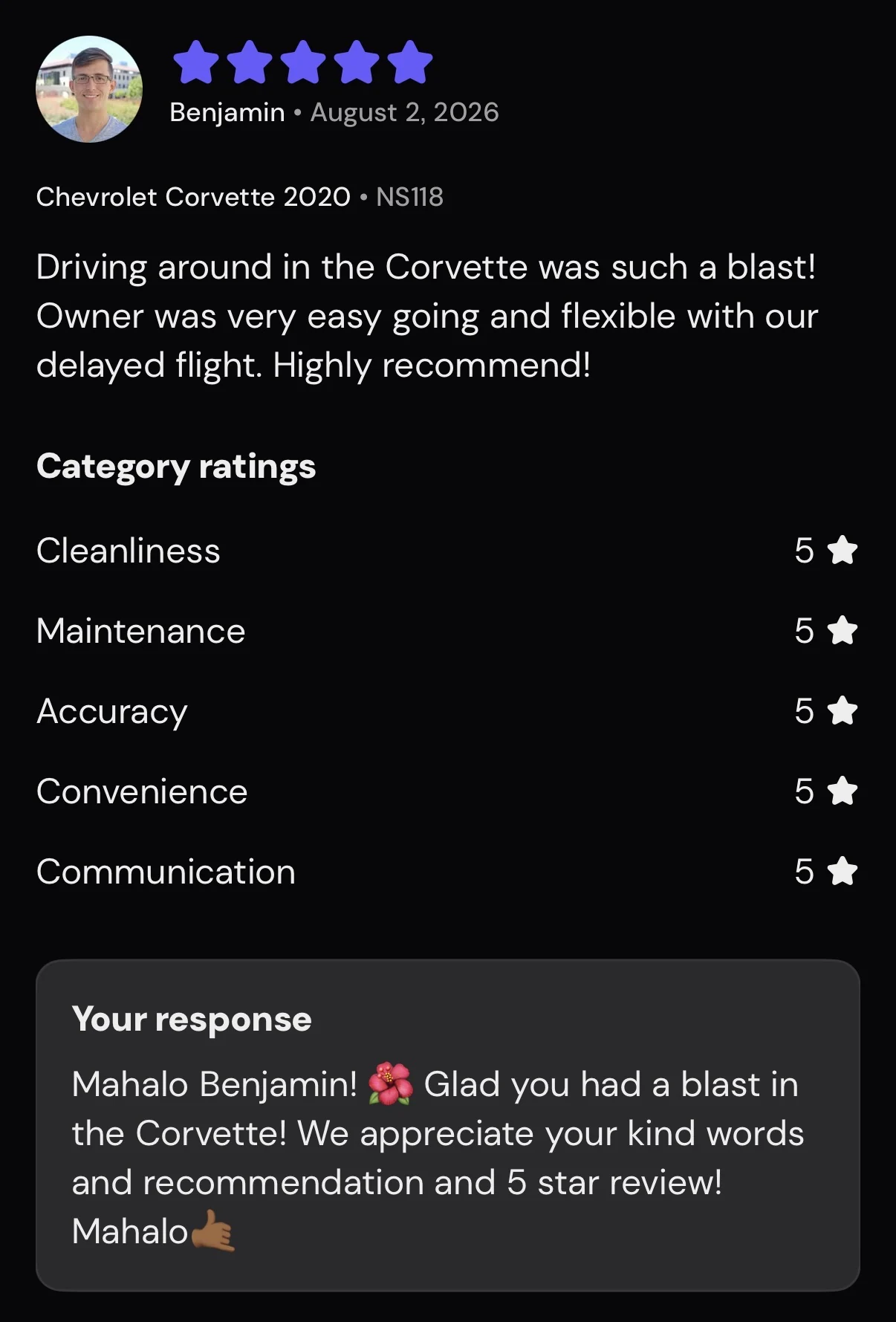 Five-star Turo review from Benjamin, August 2026, Corvette C8