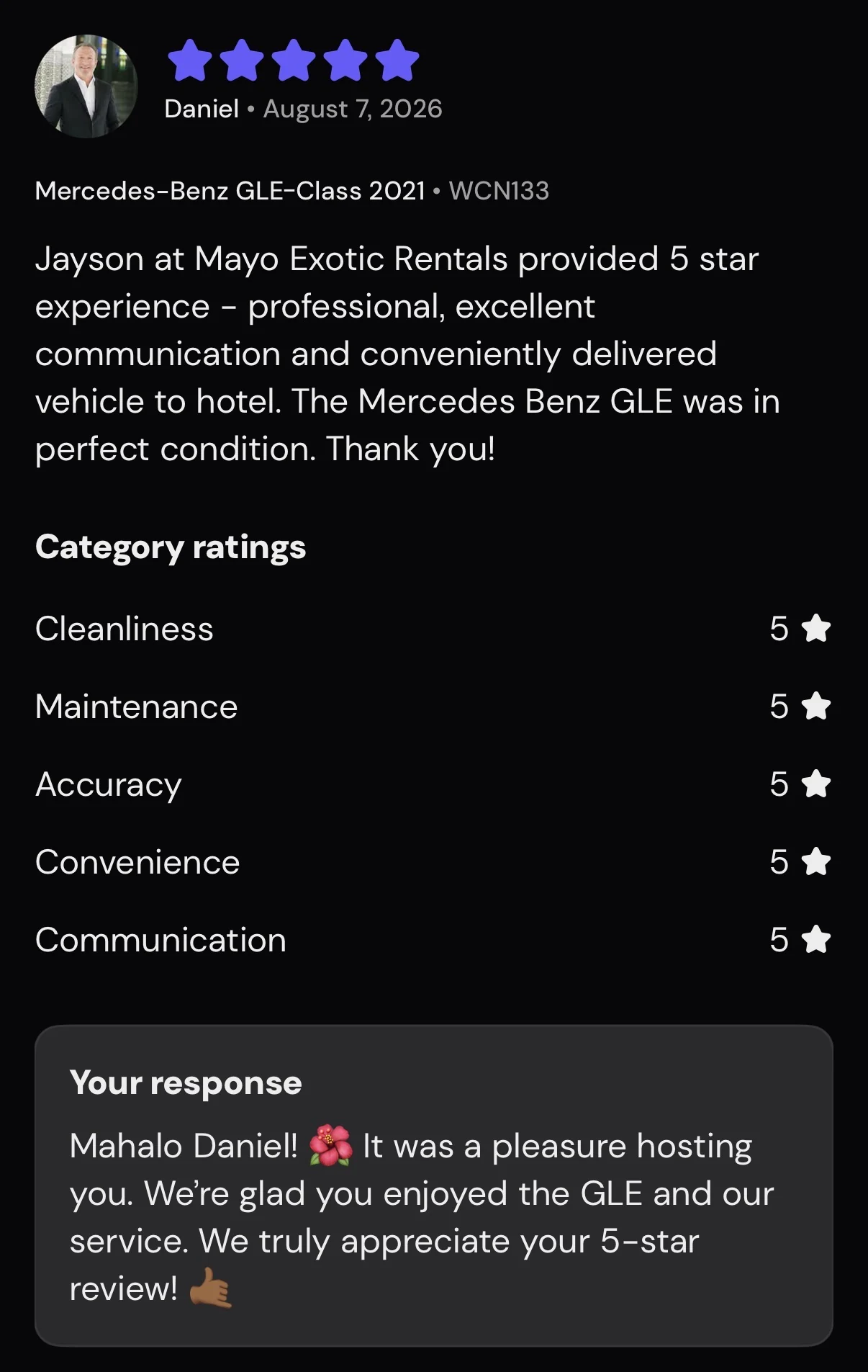 Five-star Turo review from Daniel, August 2026, GLE 53 AMG Coupe