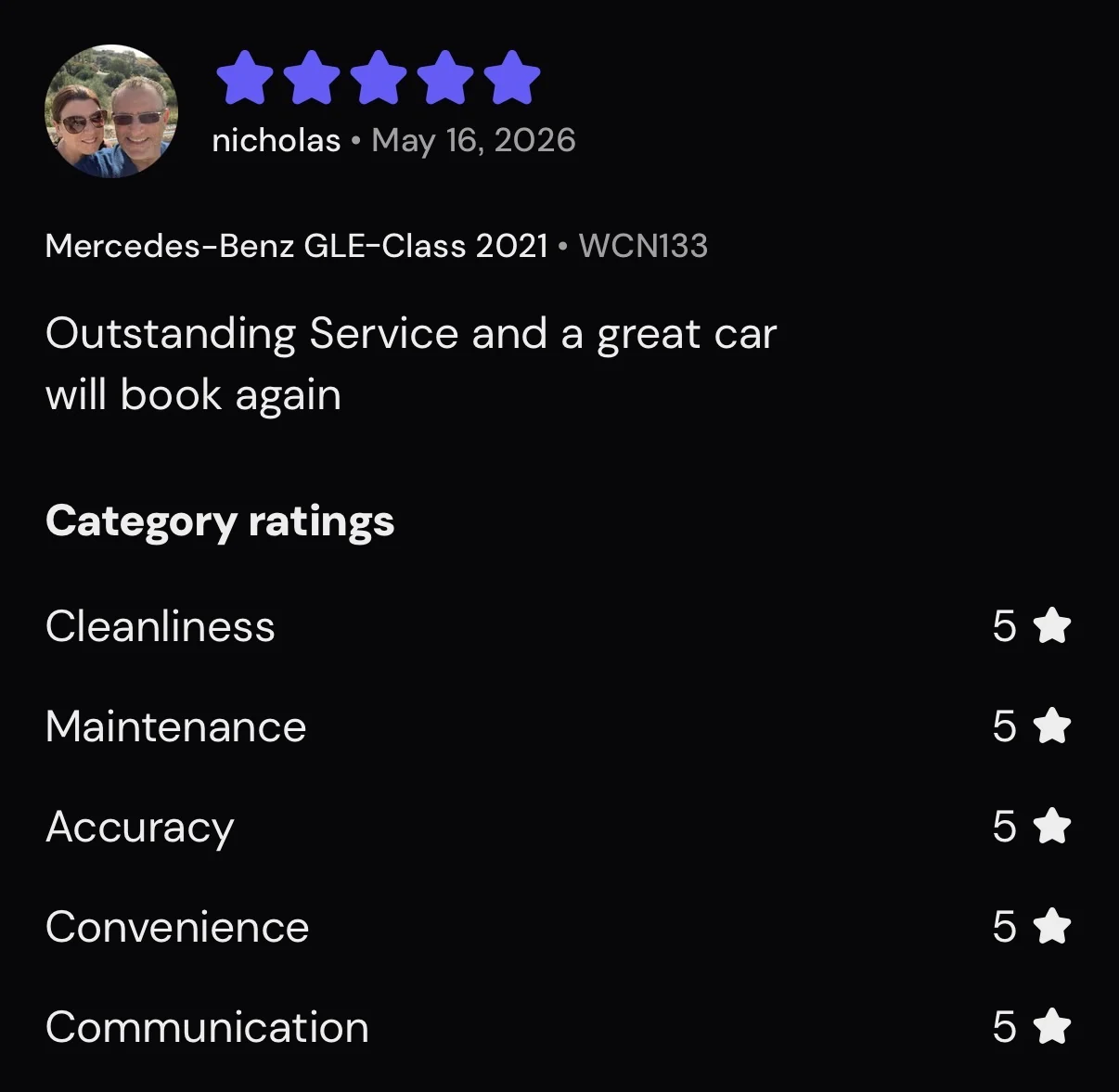 Five-star Turo review from Nicholas, May 2026, GLE 53 AMG Coupe