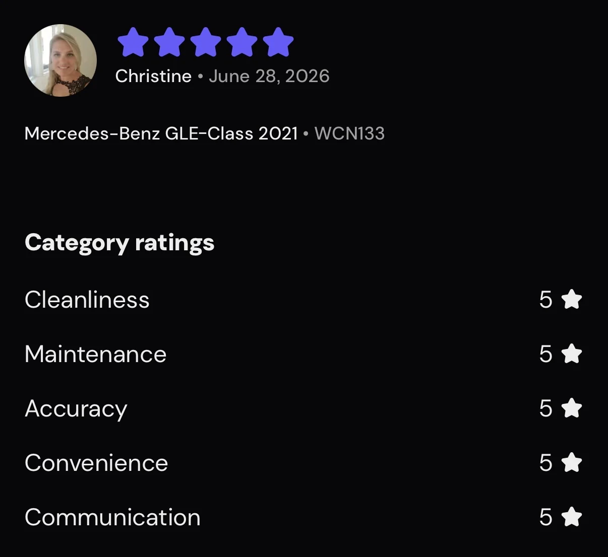 Five-star Turo review from Christine, June 2026, GLE 53 AMG Coupe