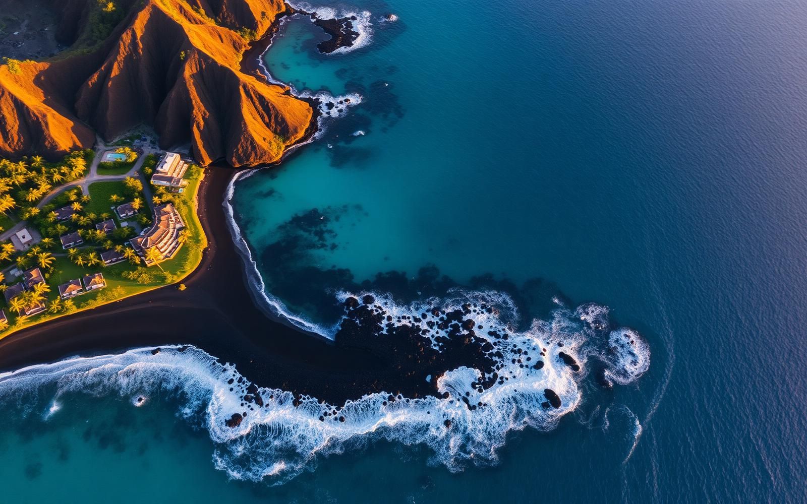 Aerial view of Kona Hawaii Big Island coastline at sunset