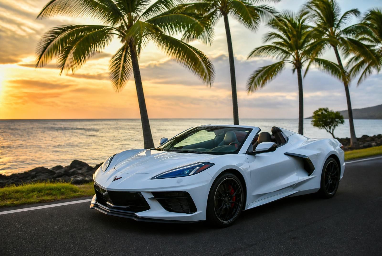 Corvette C8 Z51 convertible top-down at Kona sunset