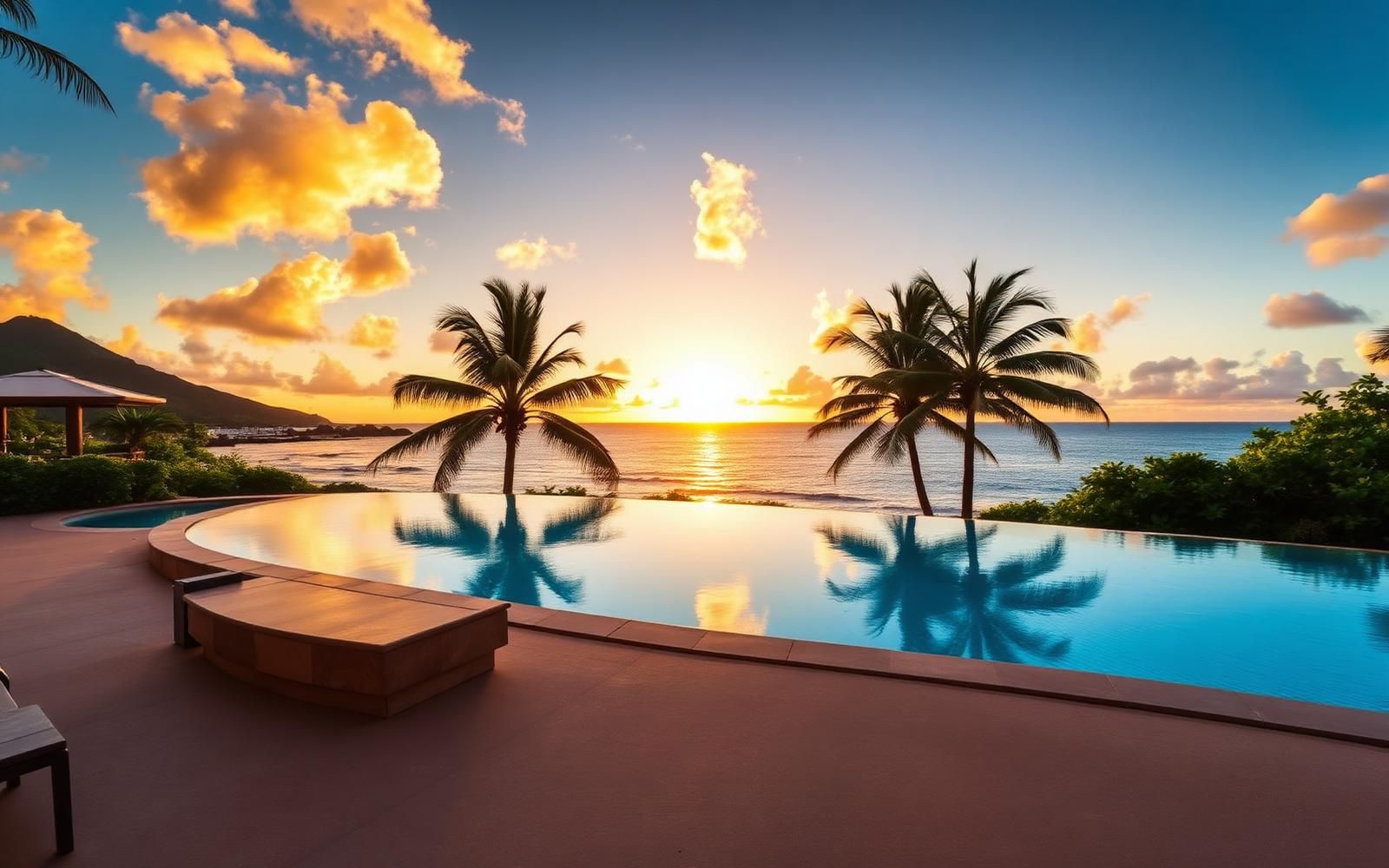 Luxury infinity pool overlooking Kona ocean at sunset