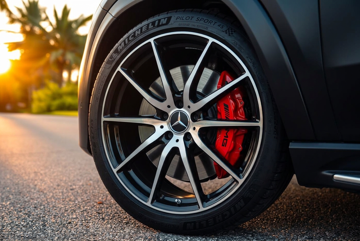 AMG silver cross-spoke forged wheel detail